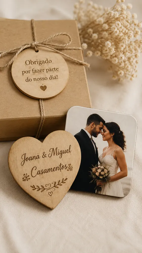 Detalhes personalizados para casamento com íman e peça em coração